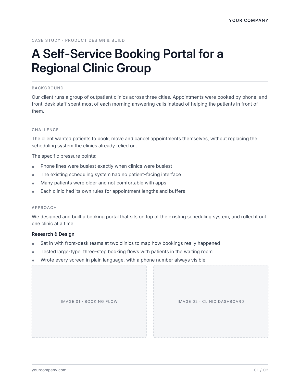 Page one of the draft case study: the same text as the finished sample, with two dashed placeholder boxes labelled image 01 booking flow and image 02 clinic dashboard where the screenshots will go.