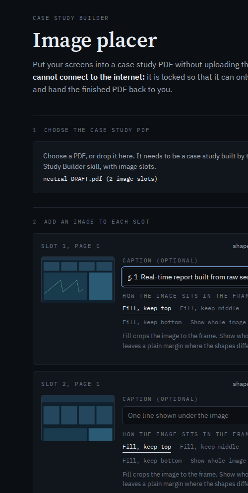 The image placer, a dark page with a field to choose the case study PDF, then one panel per image slot showing a thumbnail, an optional caption field and fit options.