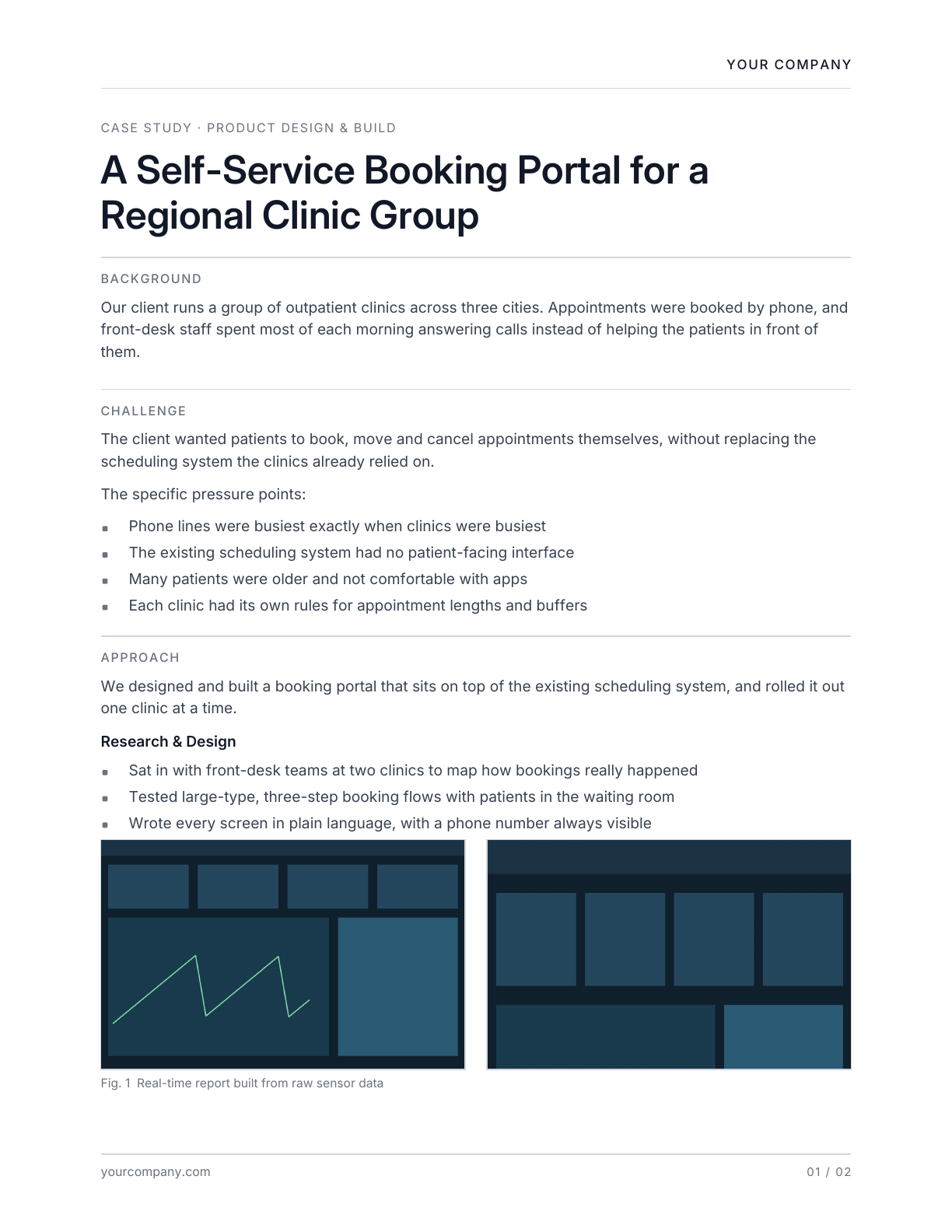 Page one of a finished sample case study: a title, background, challenge and approach sections, and two placed screenshots with a figure caption.